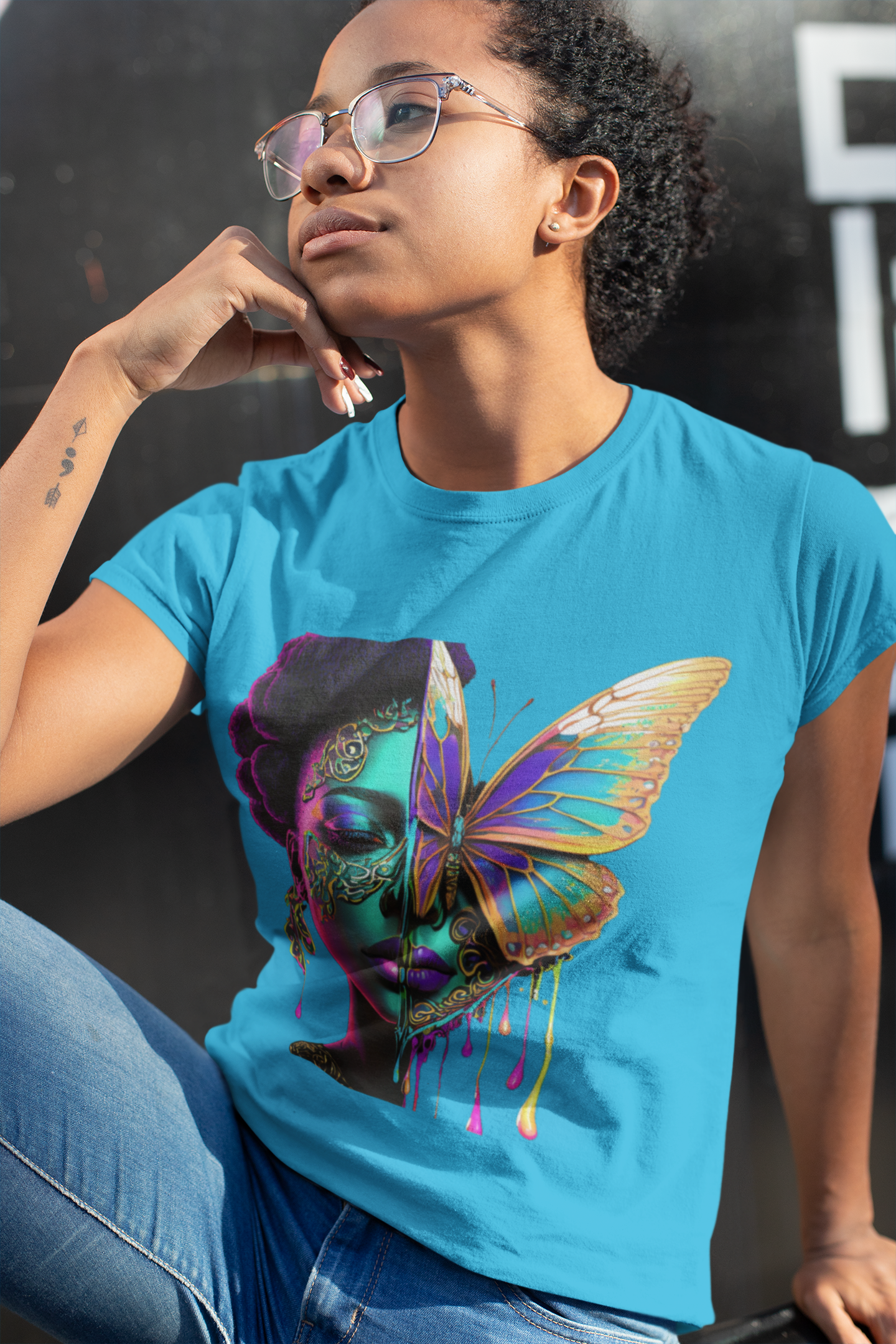 Women's Butterfly Face Short-Sleeve T-Shirt - Stylish & Symbolic Design